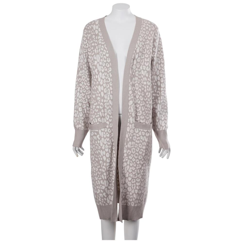 EXPRESS Sweater M Taupe Beige Animal Print Cardigan Pockets Open Front Casual